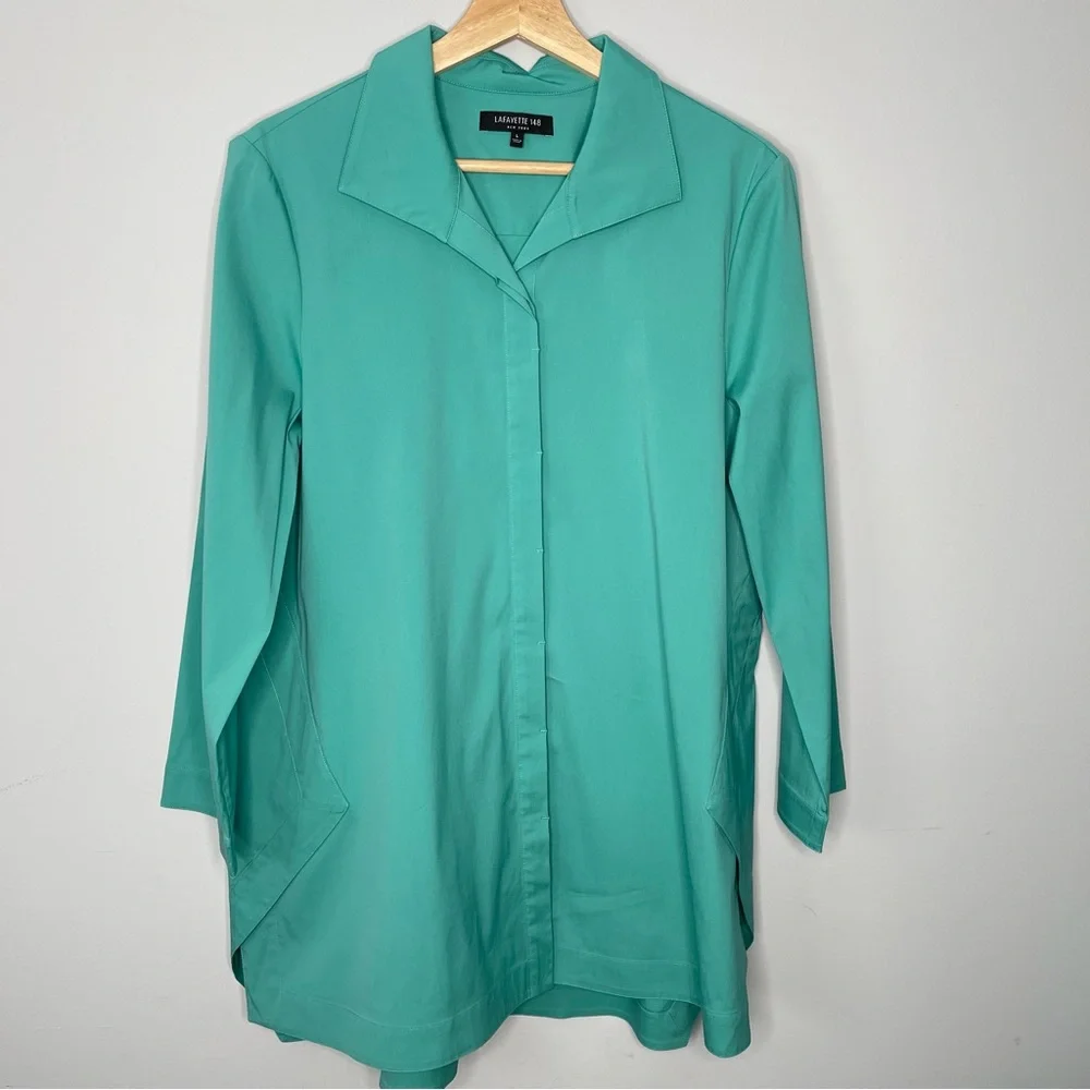 Ladies Lafayette 148 New York teal green blue button up down top size large - Picture 1 of 6
